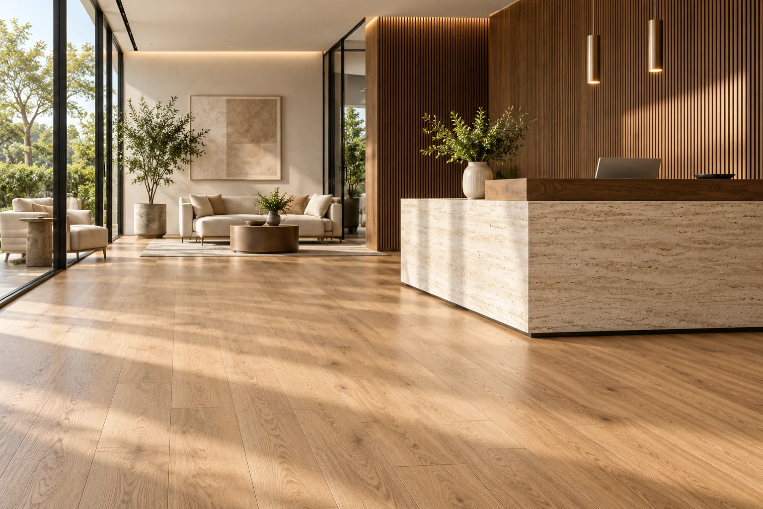 Illustrative reception interior with oak-look plank flooring, a stone desk and natural daylight