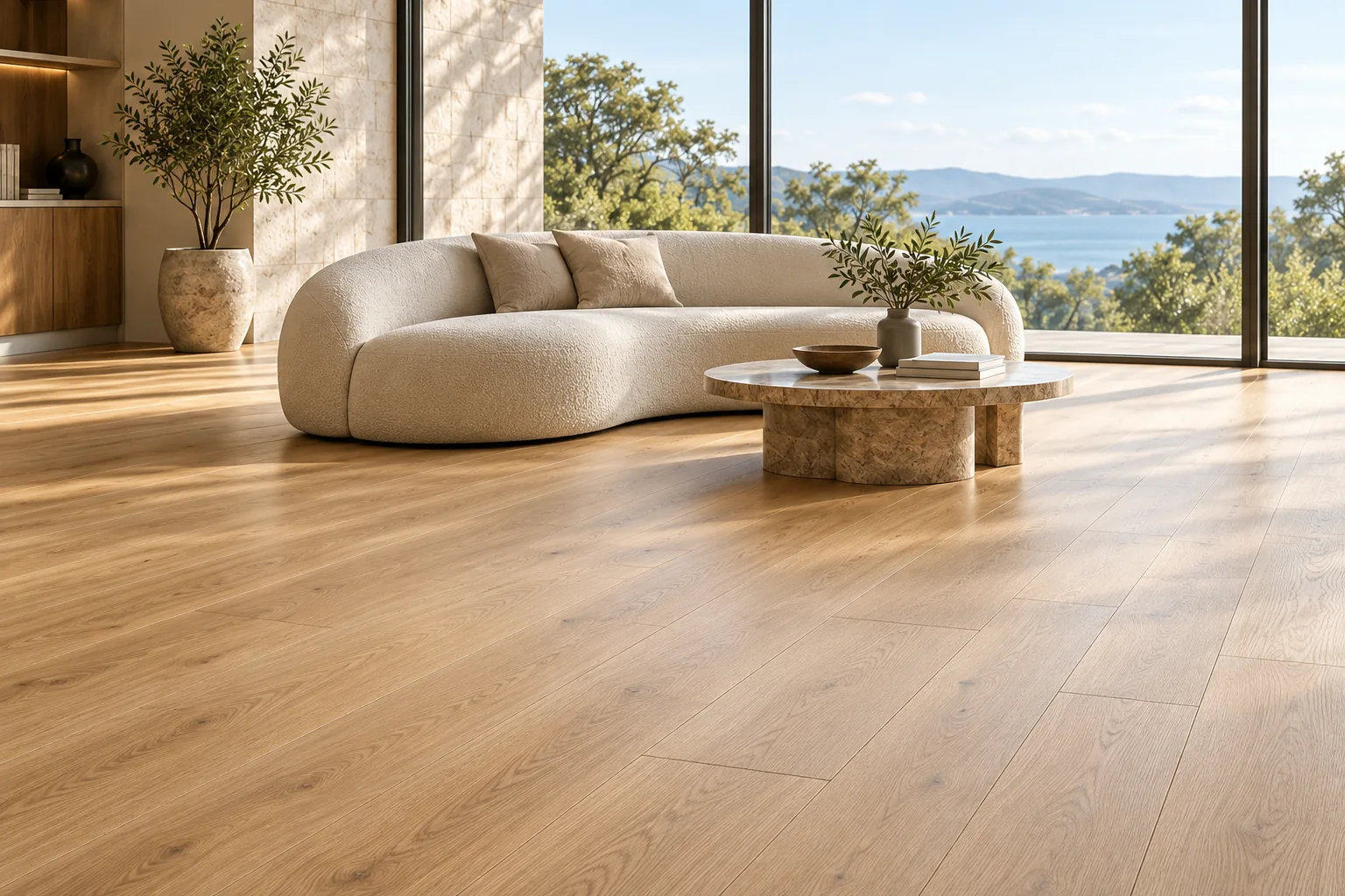Illustrative lounge interior with oak-look flooring, a curved cream sofa and natural daylight
