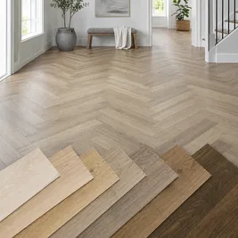 Oak-look herringbone flooring layout